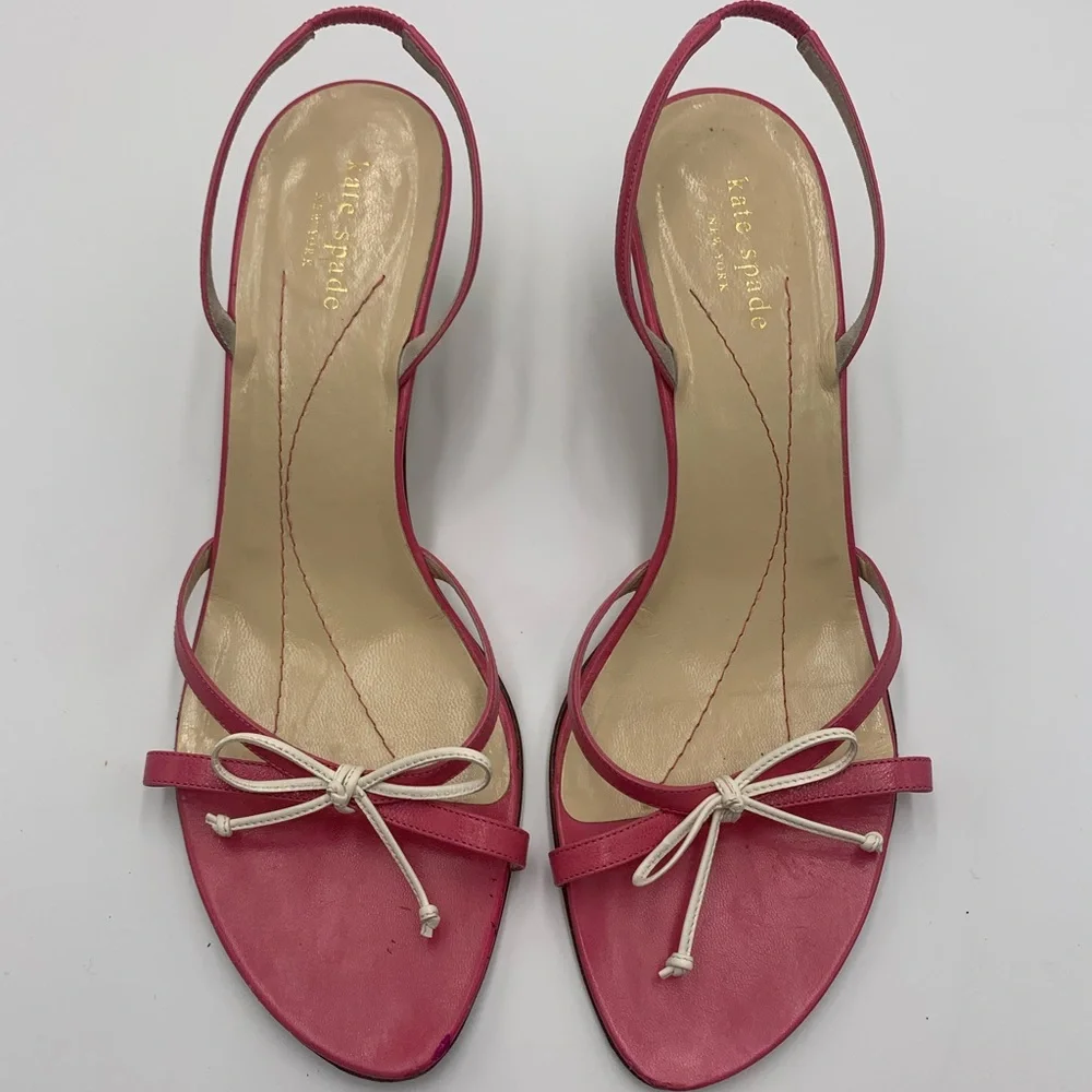 ❤️ Kate Spade ❤️Pink White Bow Strappy Sandals Wooden Kitten Heels Shoes 10B - Picture 8 of 8